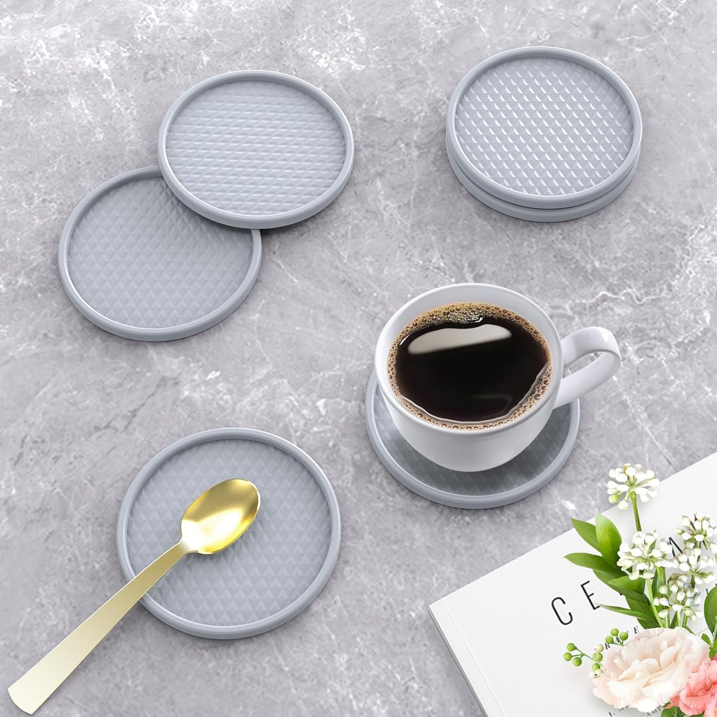 24''x16'' Silicone Coffee Mat with 6PCS Coasters,Counter Bar Mat with Detachable Dish Drying Mat for Kitchen Countertops,Coffee Bar Accessories (Grey, 24 x 16 inches)