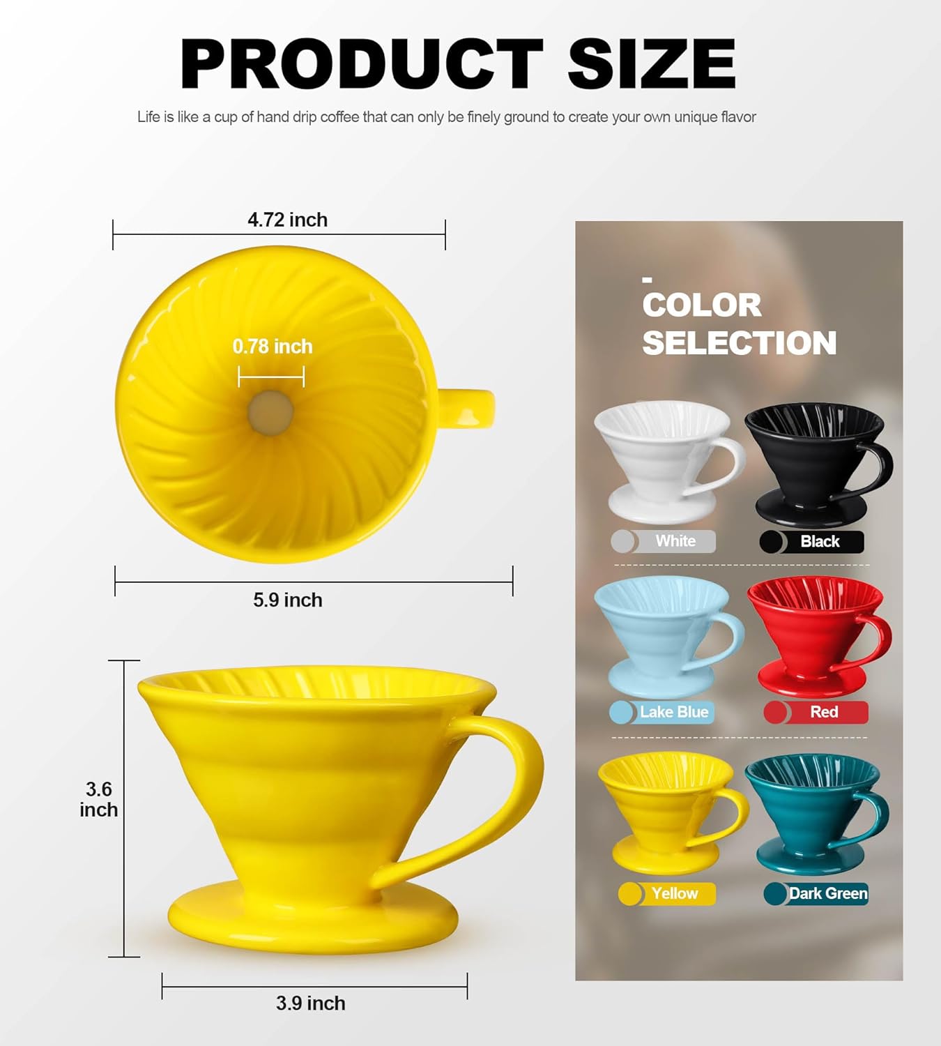 Pour Over Coffee Dripper - Ceramic Pour Over Coffee Maker Cone, Porcelain Coffee Drip, Pour Over Single Cup, Manual Brew Maker for Home, Cafe, Office - 1-4Cup, V60 Size 02 (Yellow)