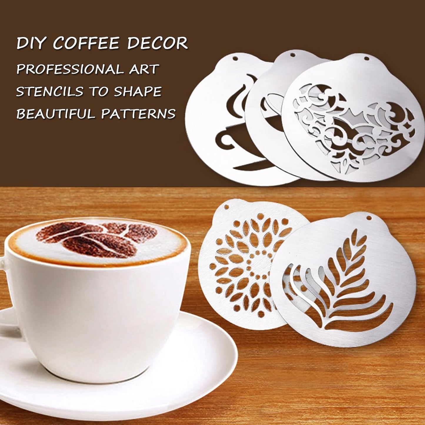 Stainless Steel Coffee Decorating Stencils Foam Barista Templates Decorative Latte Art Stencils Metal Foam Latte Art Templates for DIY Coffee Decor Coffee Making Accessories