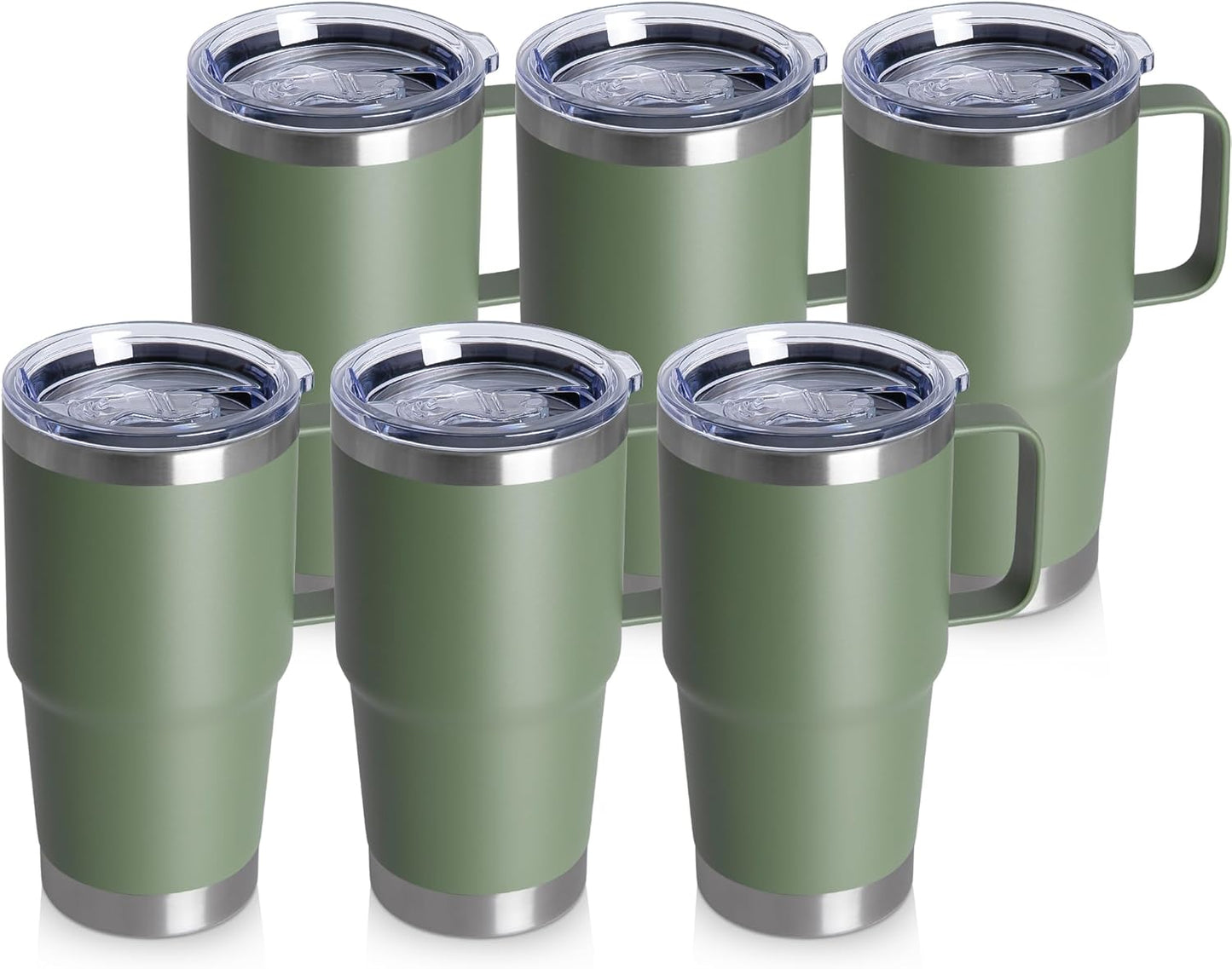 HASLE OUTFITTERS 20oz Tumbler Bulk with Lid, Stainless Steel Tumbler Bulk with Handle, Metal Insulated Travel Coffee Mug Set with Handle, Double Wall Vacuum Leak Proof Tumbler Cup, Amy Green 6 Pack