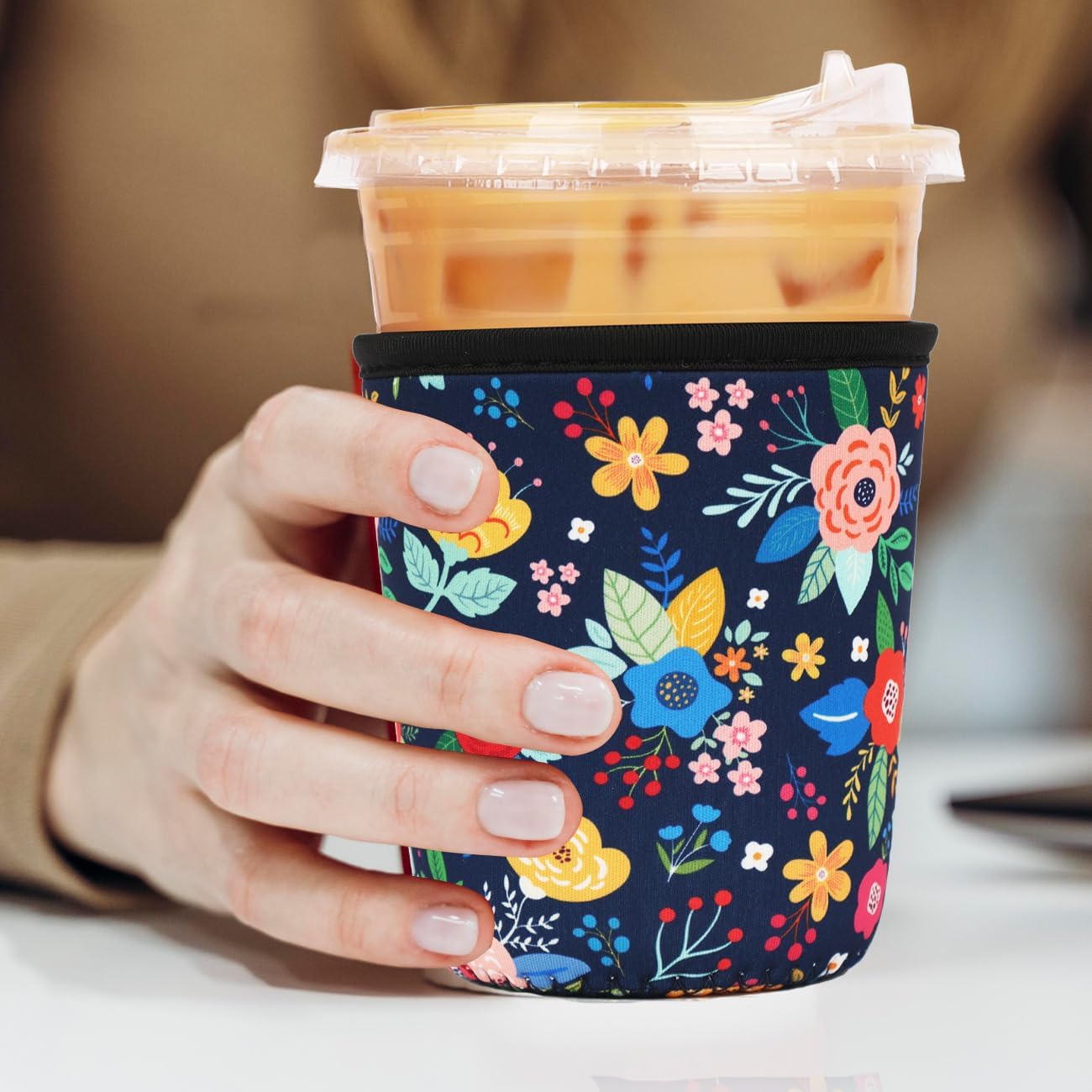 Reusable 3-Pack Iced Coffee Cup Sleeve, Insulated Neoprene, Beverage Holder for Iced Coffee, Durable Drink Sleeve for Cold Beverages, Lunar Garden