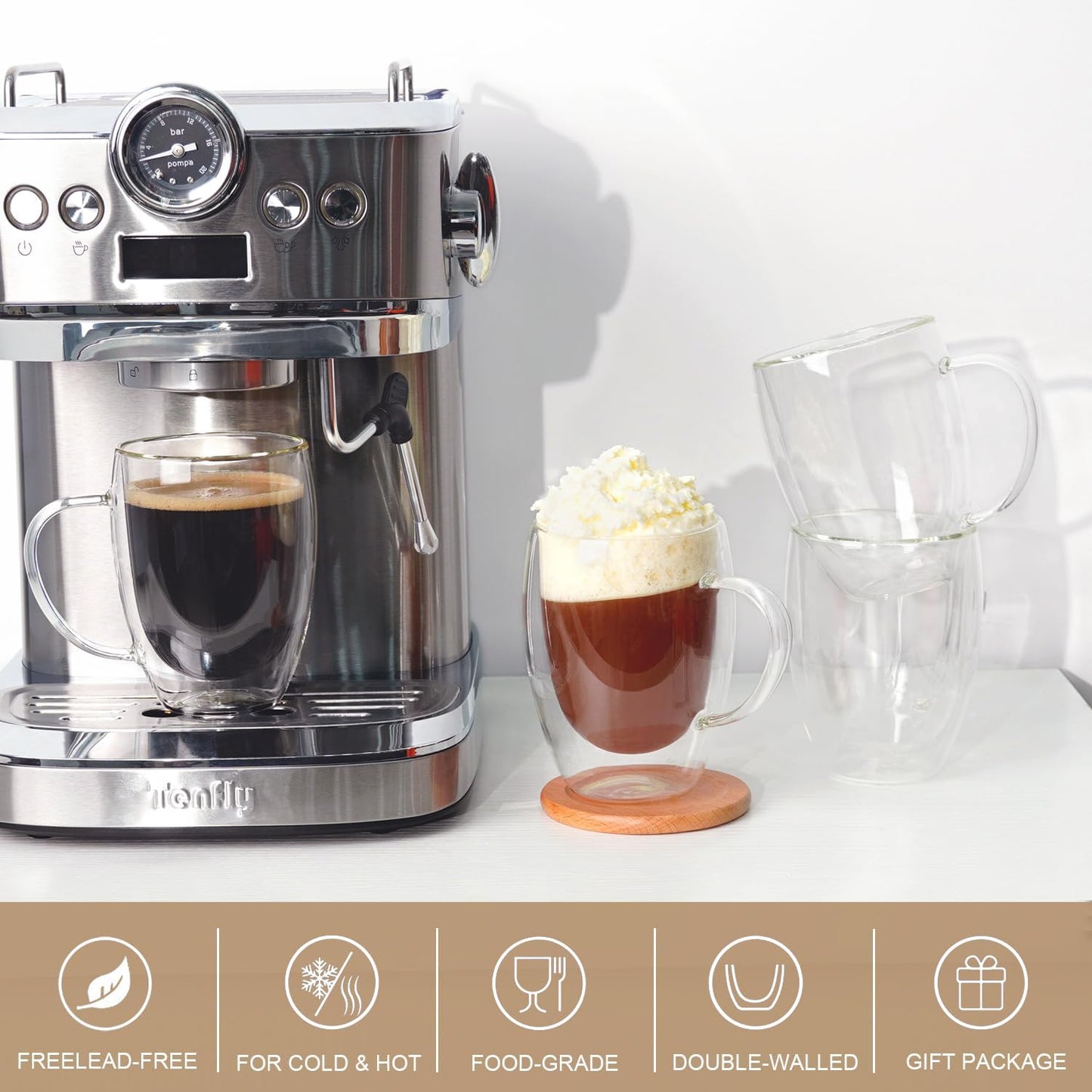 Double Wall Glass Coffee Mugs 12 OZ, Clear Coffee Cup With Handle,Insulated Coffee Mugs Set of 2 With Spoons Perfect for Espresso, Cappuccino, Latte, American,Tea Bag, Beverage