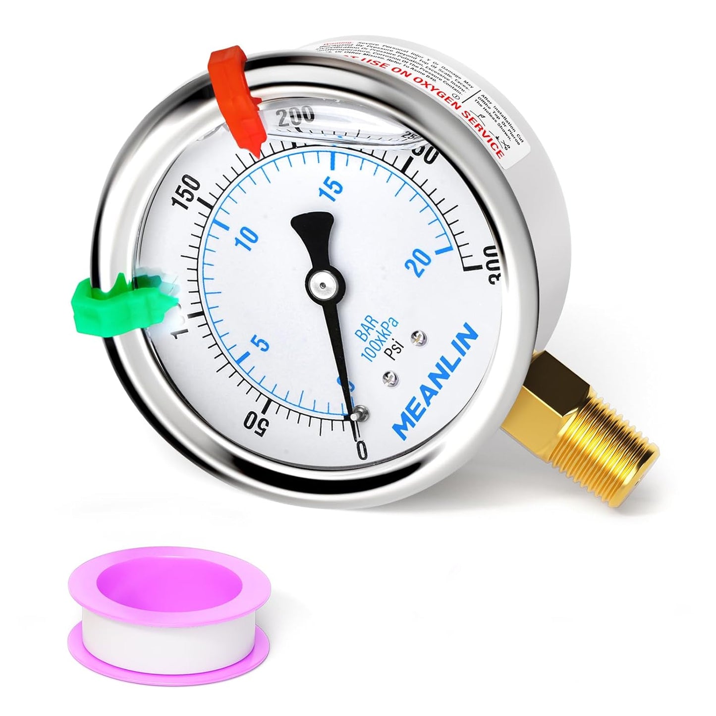 MEANLIN MEASURE 0~300Psi Liquid Filled Pressure Gauge 1/4" NPT 2.5" FACE DIAL Stainless Steel Glycerin Filled WOG Water Oil Air Lower Mount (with 2PCS Snaps)