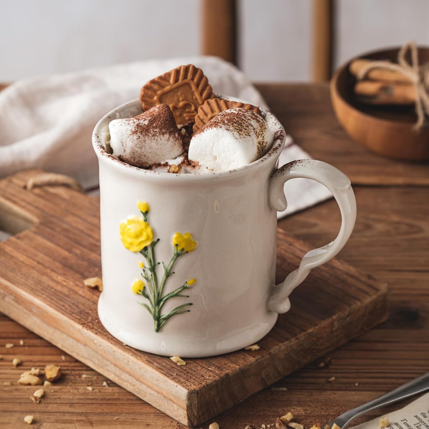 Ceramic coffee Mugs, Set of 1 Yellow Flower - 12oz, Hand-Painted, Microwave heating and dishwasher cleaning available, Ideal for Daily Brews