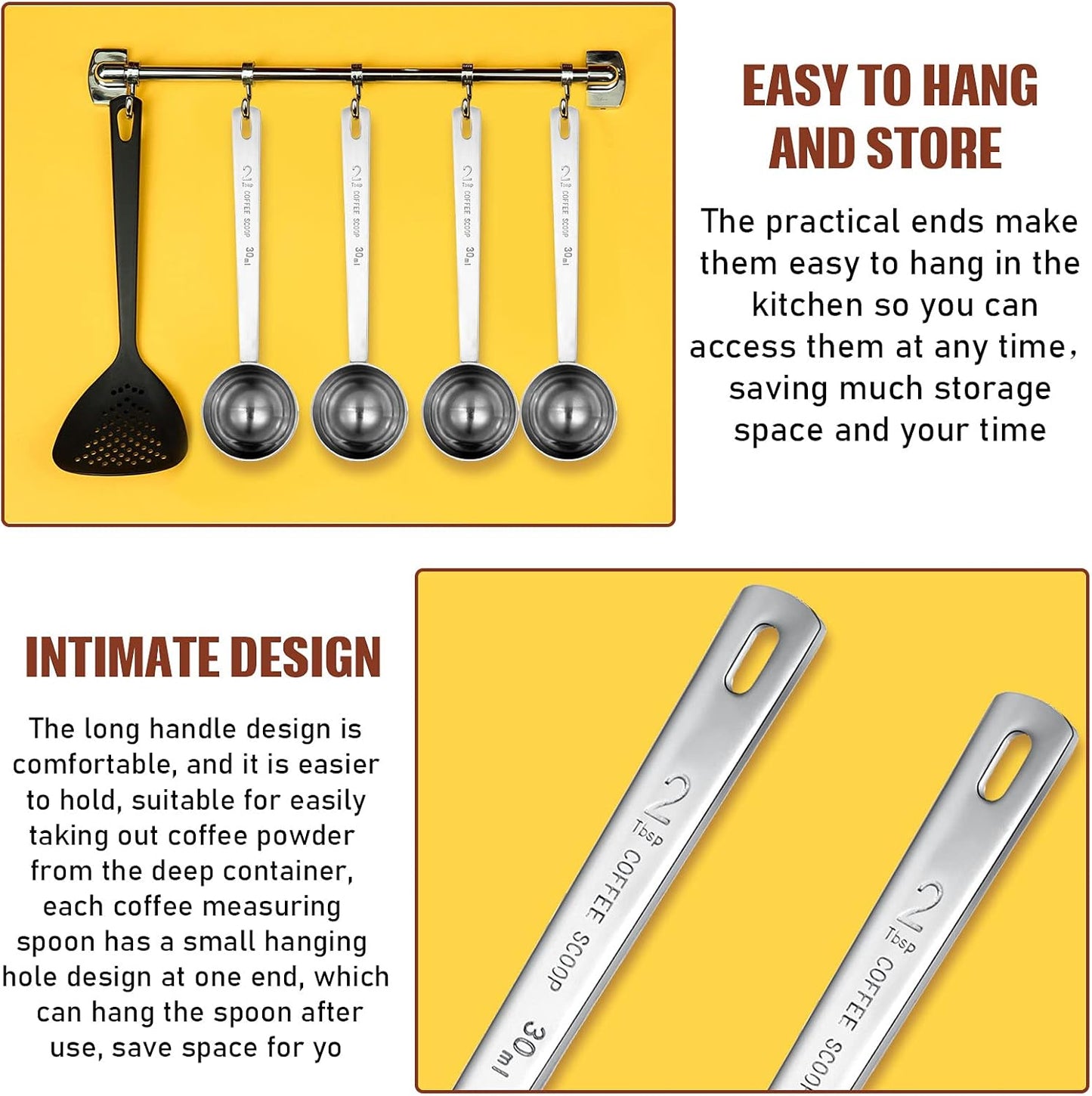 Geiserailie 4 Pieces 2 Tablespoon Scoops with Long Handle, 30 ml Stainless Steel Measuring Spoon for Coffee Milk Fruit Powder, Loose Tea Dry, Spice Jar, Cooking Baking, and Other Dry Goods