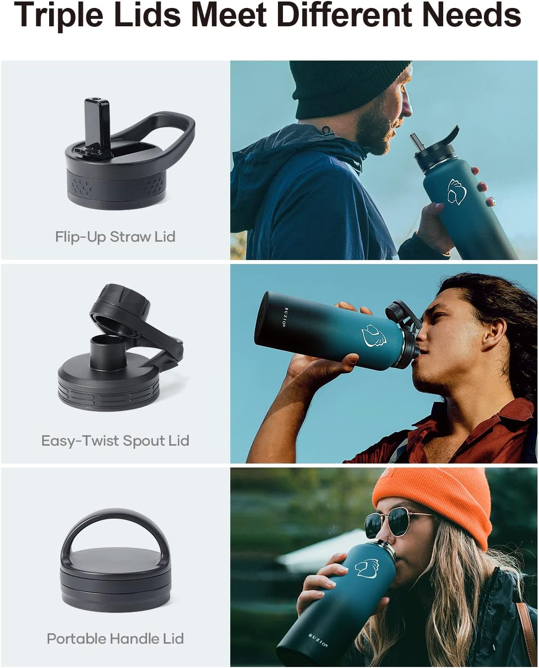 BUZIO 40 oz Water Bottle Insulated with Straw & 3 lid and Carrying Pouch, Leak Proof Anti-Slip Stainless Steel Water Flask Jug, Cold for 48 Hrs Double Vacuum Thermo Canteen, BPA-Free, Indigo Crush