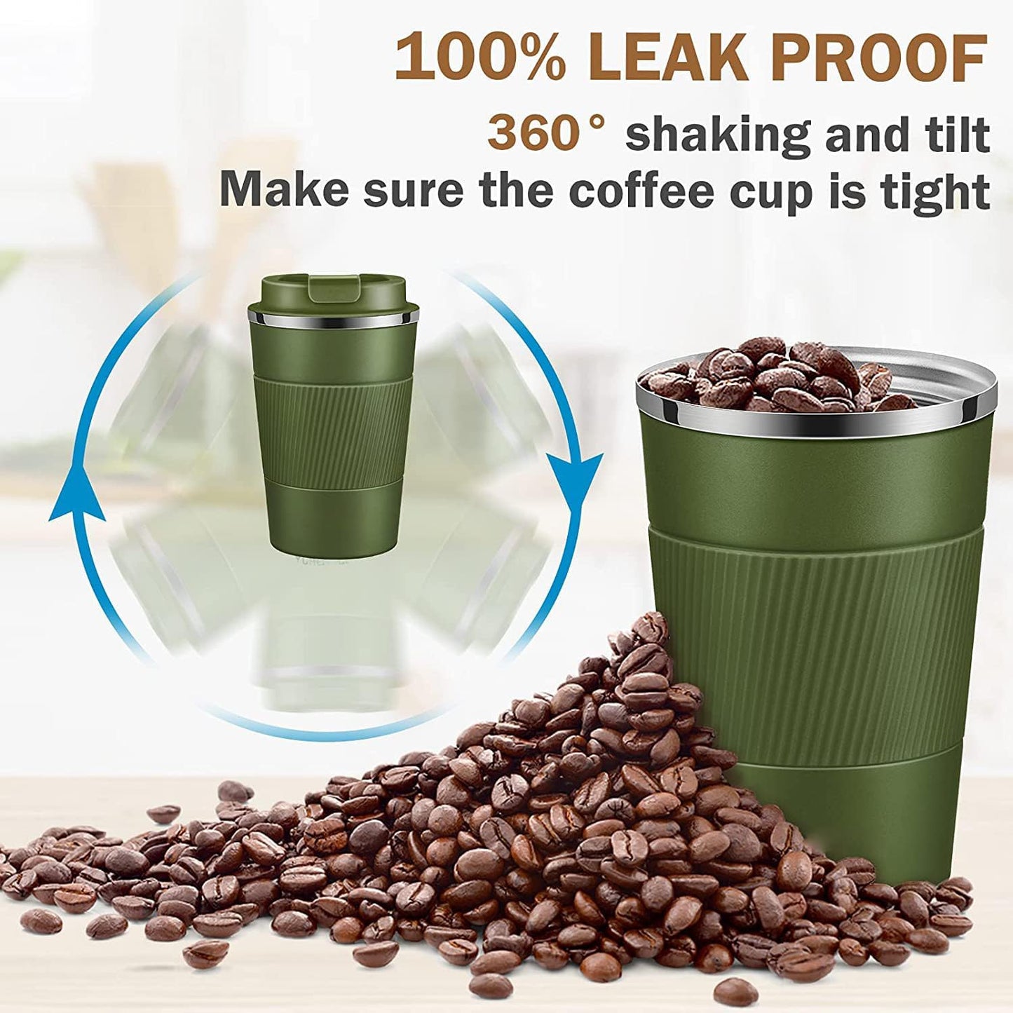 Travel Coffee Mug Spill Proof Leakproof 12 oz Insulated Coffee Mug with Screw Lid, Stainless Steel Vacuum Tumbler Reusable Thermal Coffee Cup to go for Hot and Cold Drinks -380ml,Dark Green