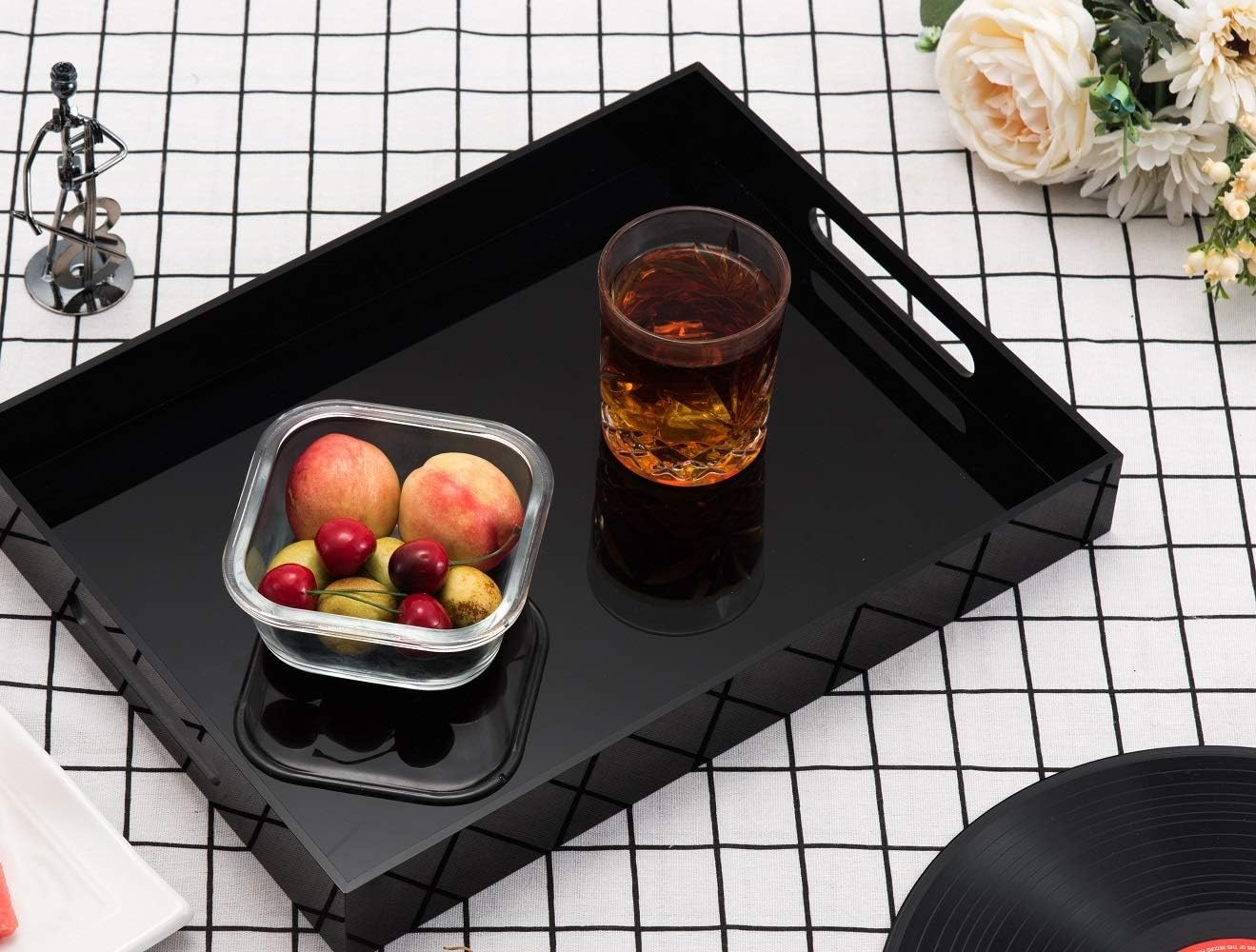 Glossy Black Sturdy Acrylic Serving Tray with Handles - 10x15 Inch, Coffee, Appetizer, Breakfast Tray - Butler, Kitchen to Vanity Table, Decorative