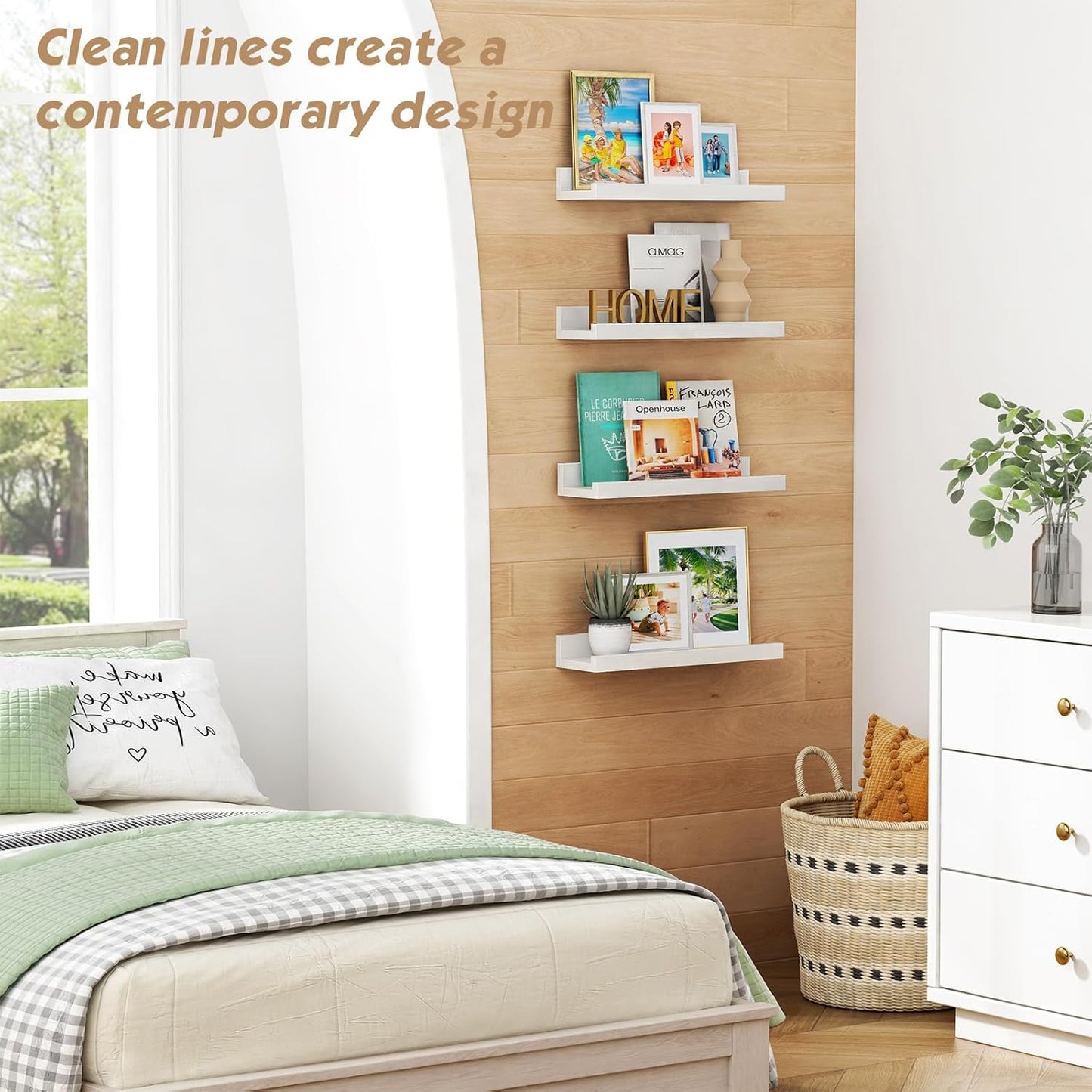 Forbena White Picture Ledge Shelf, Floating Shelves with Lip for Bedroom Books, Corner Nursery Book Shelves Wall Mounted for Small Spaces Office Baby Child Kids Room Art Decor (4-Pack, Real Wood)