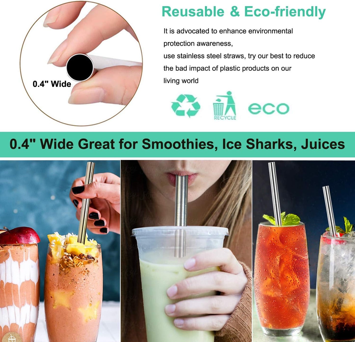 Vinaco Stainless Steel Smoothie Straws, 0.4'' Extra Wide Reusable Metal Drinking Straws for Milkshake, Smoothie, Beverage, Set of 6 with 1 Cleaning Brush (3pcs 10.5'' Bent |3pcs 8.5'' Straight)