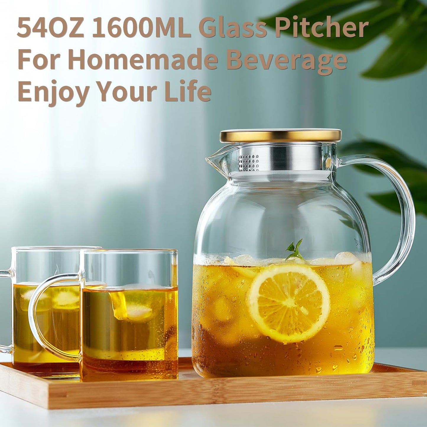 54OZ Glass Pitcher with Lid and Spout, Water Jug, Glass Carafe Water Pitcher for Hot/Cold Beverage, 1600ml for Tea, Juice, Coffee, Milk