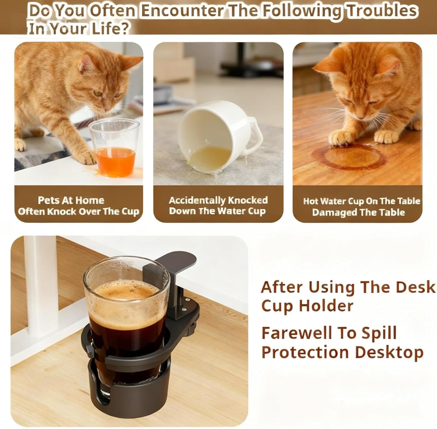 Deeper Desk Cup Holder, 360° Rotating Anti-Spill Cup Holder for Table, Adjustable Clamp on Cup Holder for Gaming Desk, Gift for Gamer and Office, Desk Storage, Drink Holder for Coffee Cup, Arm Chair