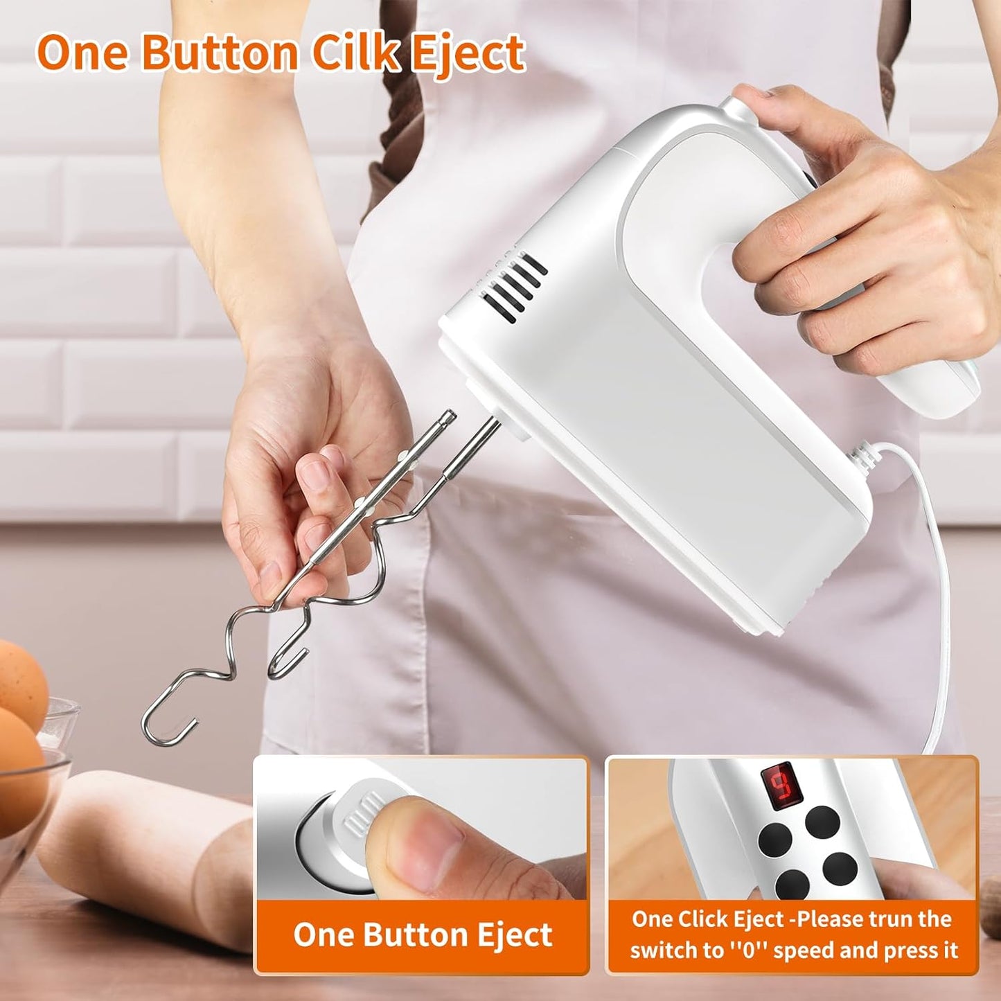 CBQ Hand Mixer Electric, 9 Speed 400W Handheld Mixer with Digital Display, Touch Button, Turbo, Snop-On Storage Case, 5 Stainless Steel Accessories, Mixer Electric Handheld for Cake, Cookie, Egg,