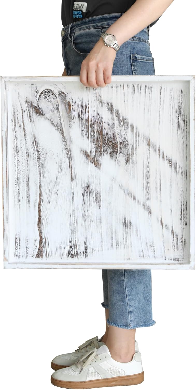 Extra Large Square Ottoman Table Tray 20" - Rustic Wooden Serving Tray for Farmhouse Decorative Oversized Coffee Table Trays Living Room Kitchen Counter Breakfast White