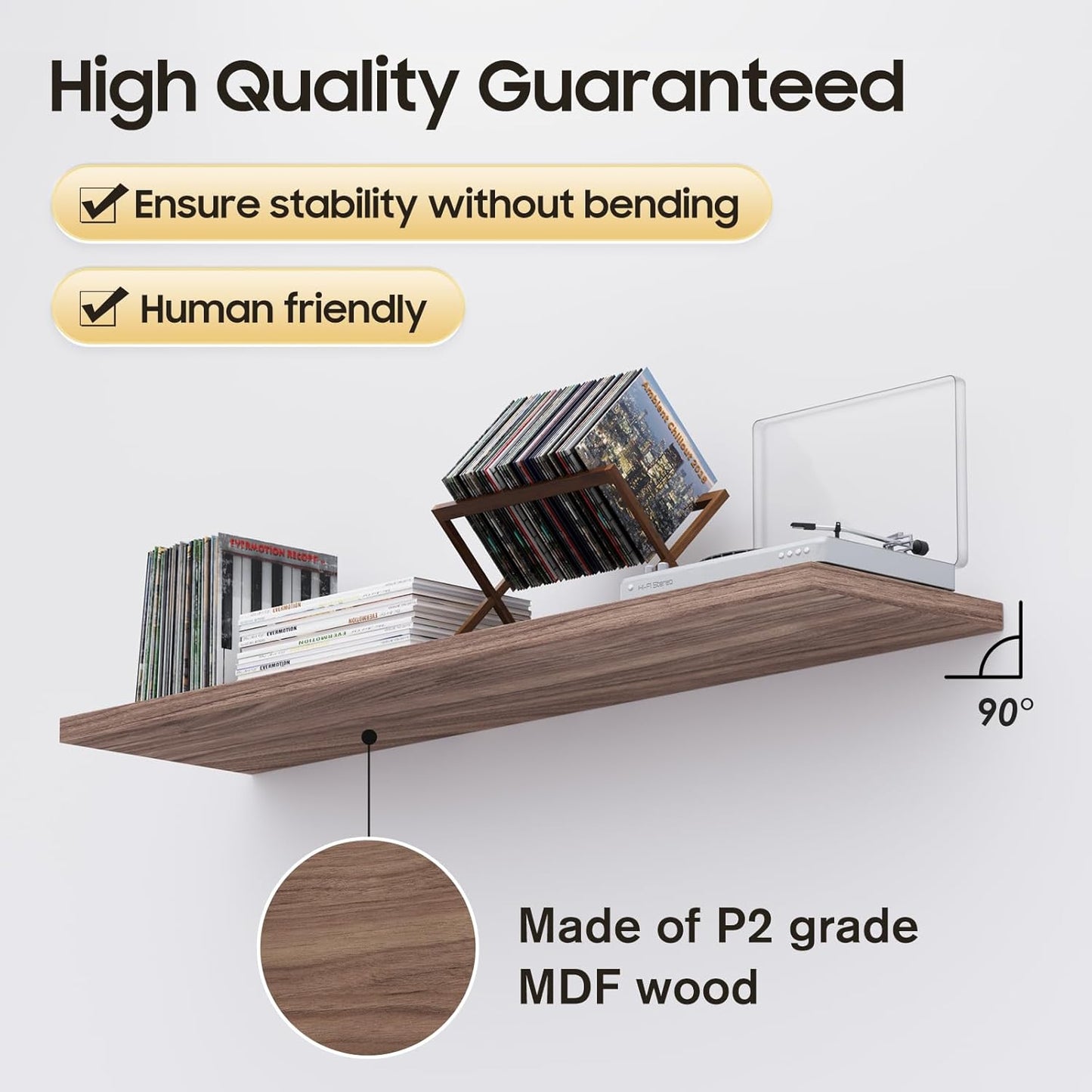 Wall Shelf Set of 1, Walnut Floating Shelves 36 in W x 10 in D x 1 in H, Wooden Floating Wall Shelf with Invisible Brackets for Living Room/Bedroom/Bathroom/Kitchen Storage and Decor