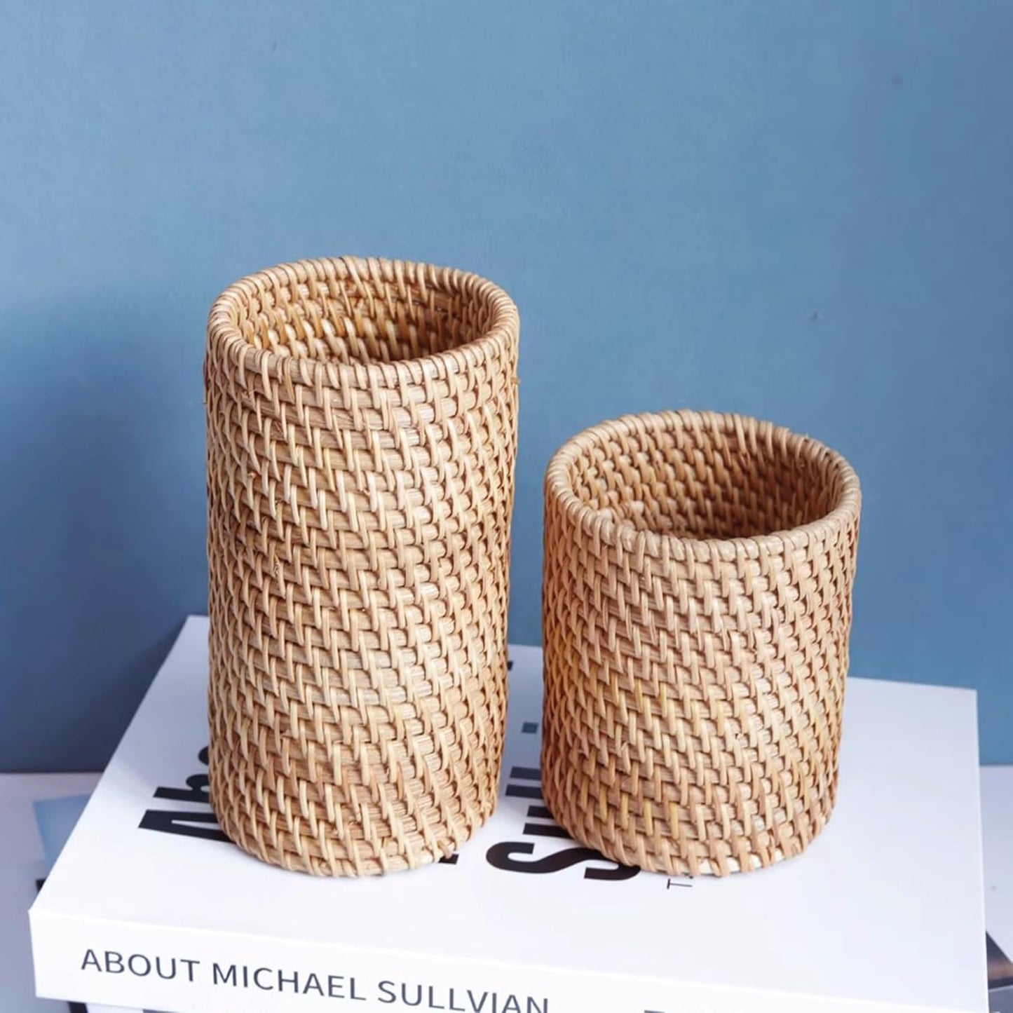 Handmade High Wall Rattan Pen Cup,Tea Items Desk Holder,Wicker Pencil Décor Holder Flower Vase For Dry Flower,Rustic Makeup Brushes Holder Stand, Table Loose Items Organizer (High Cylinder)