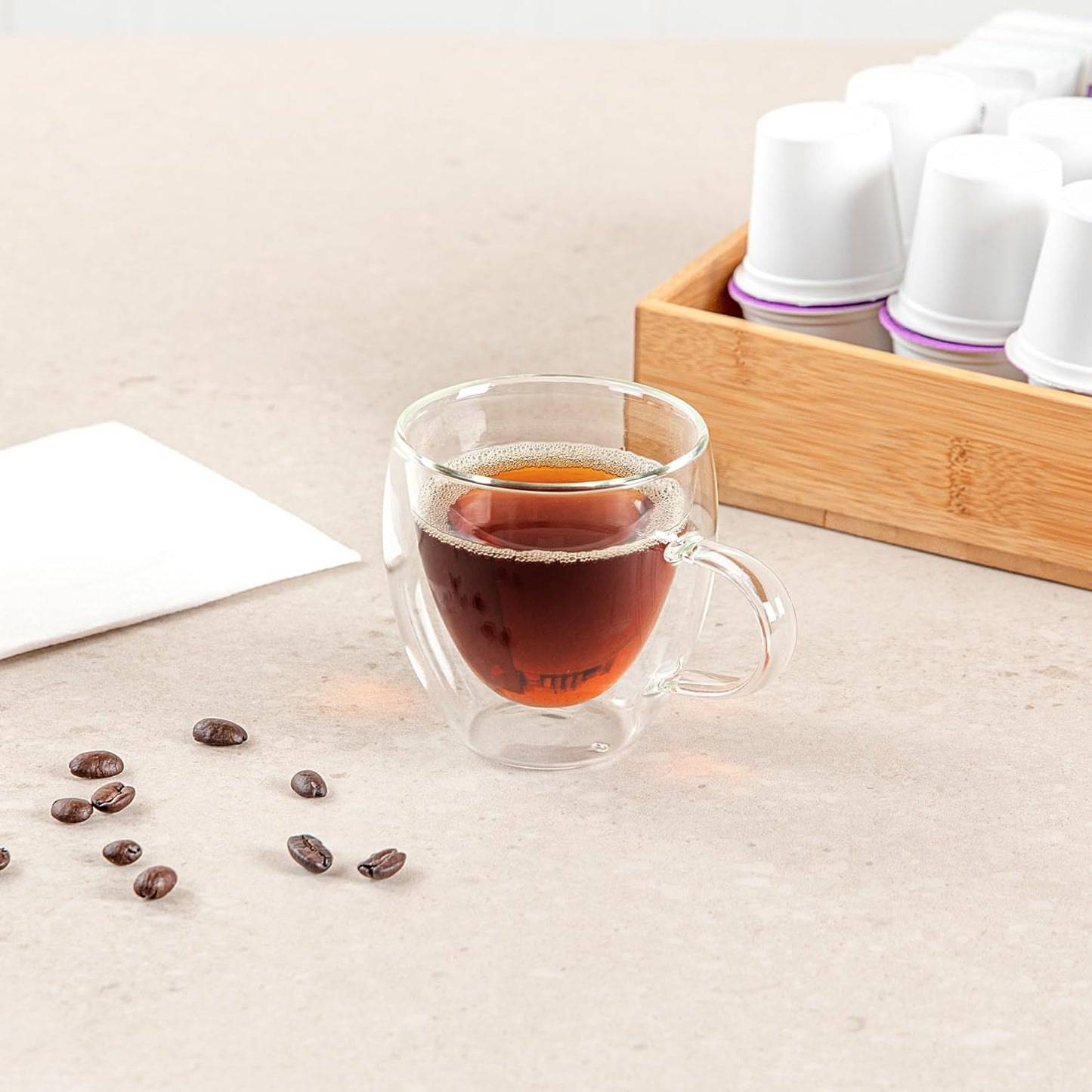 Restaurantware-Forma Professional 5.1 Ounce Glass Coffee Cups, 2 Insulated Coffee Cups With Handle - Dishwashable, Reusable, Clear Double Wall Beverage Tumblers, Freezable, For Hot Or Cold Beverages