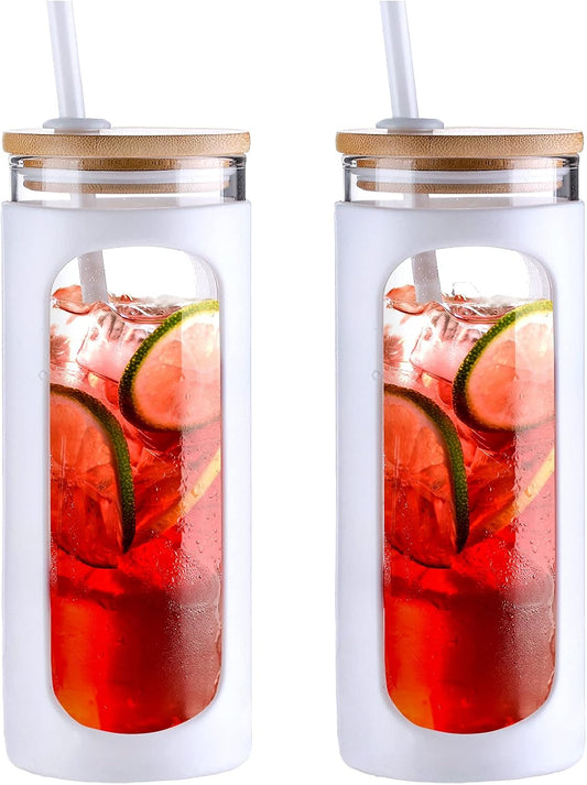Kodrine 20oz Glass Tumbler with Straw and Lid, Bamboo Lids Water Bottle, Reusable Iced Coffee Cups, Wide Mouth Smoothie Cup with Protective Silicone Sleeve BPA FREE-White-2pack