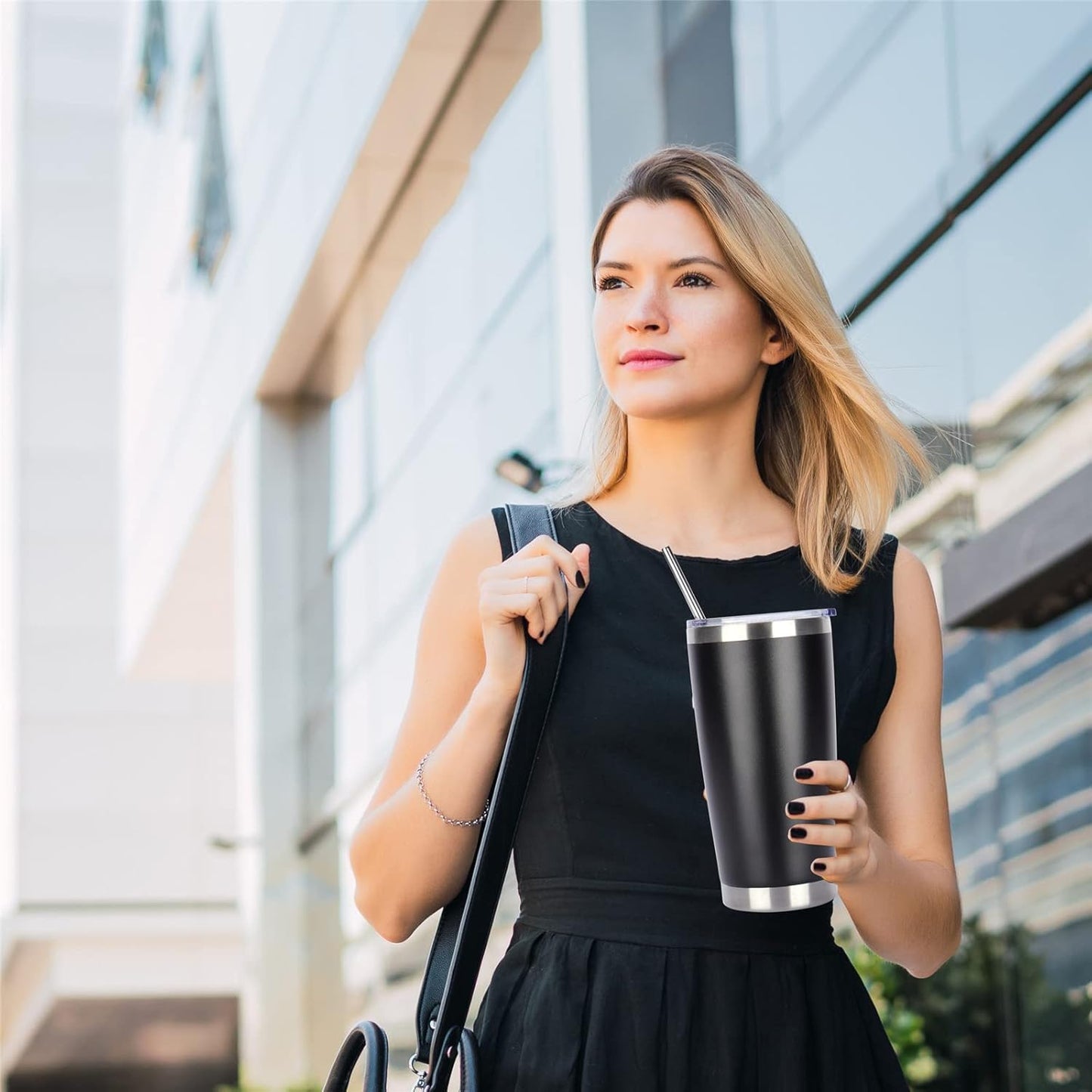 Pandance 20oz Stainless Steel Insulated Tumblers with Lid and Straw Bulk, Double Wall Vacuum Water Cups for Hot & Iced Coffee Drinks Travel Mug (Black, 8 pack)