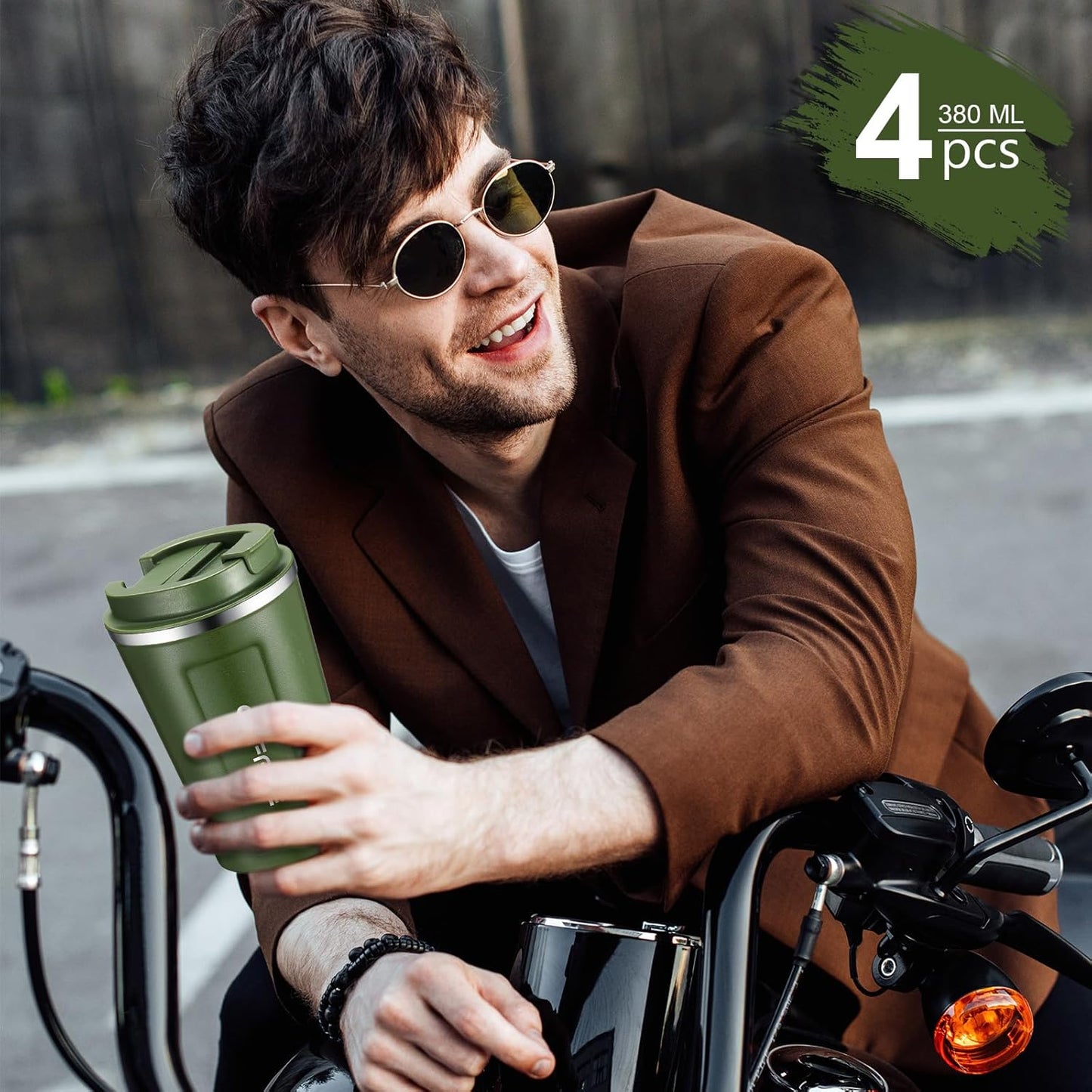 Sieral 4 Pcs 13 oz Travel Coffee Mug Insulated Reusable Coffee Cups with Leakproof Lid Stainless Steel Portable Tumbler for Keep Hot or Ice Milk Tea(Green)