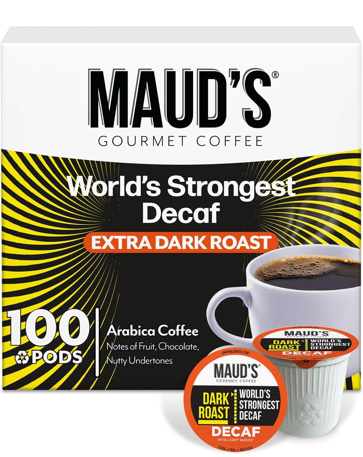 Maud's World's Strongest Decaf Coffee Pods, 100 ct, Decaffeinated Dark Roast Coffee in Recyclable Single Serve Pods – 100% Arabica Coffee, Compatible with Keurig K Cups Maker