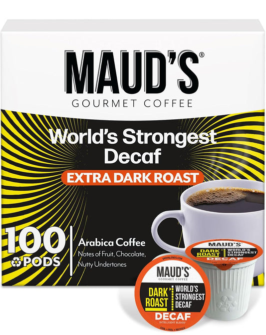 Maud's World's Strongest Decaf Coffee Pods, 100 ct, Decaffeinated Dark Roast Coffee in Recyclable Single Serve Pods – 100% Arabica Coffee, Compatible with Keurig K Cups Maker