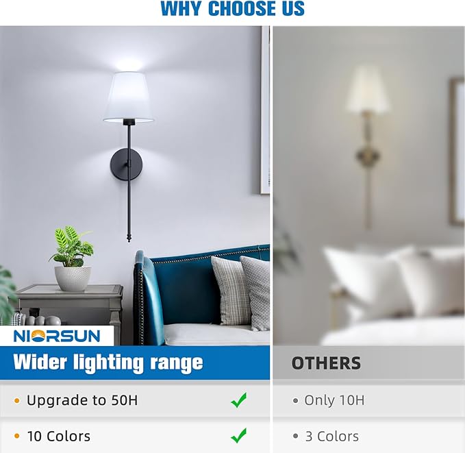 NIORSUN Battery Operated Wall Sconce Set of 2, 10 Colors Wireless Wall Lamps - Image 8