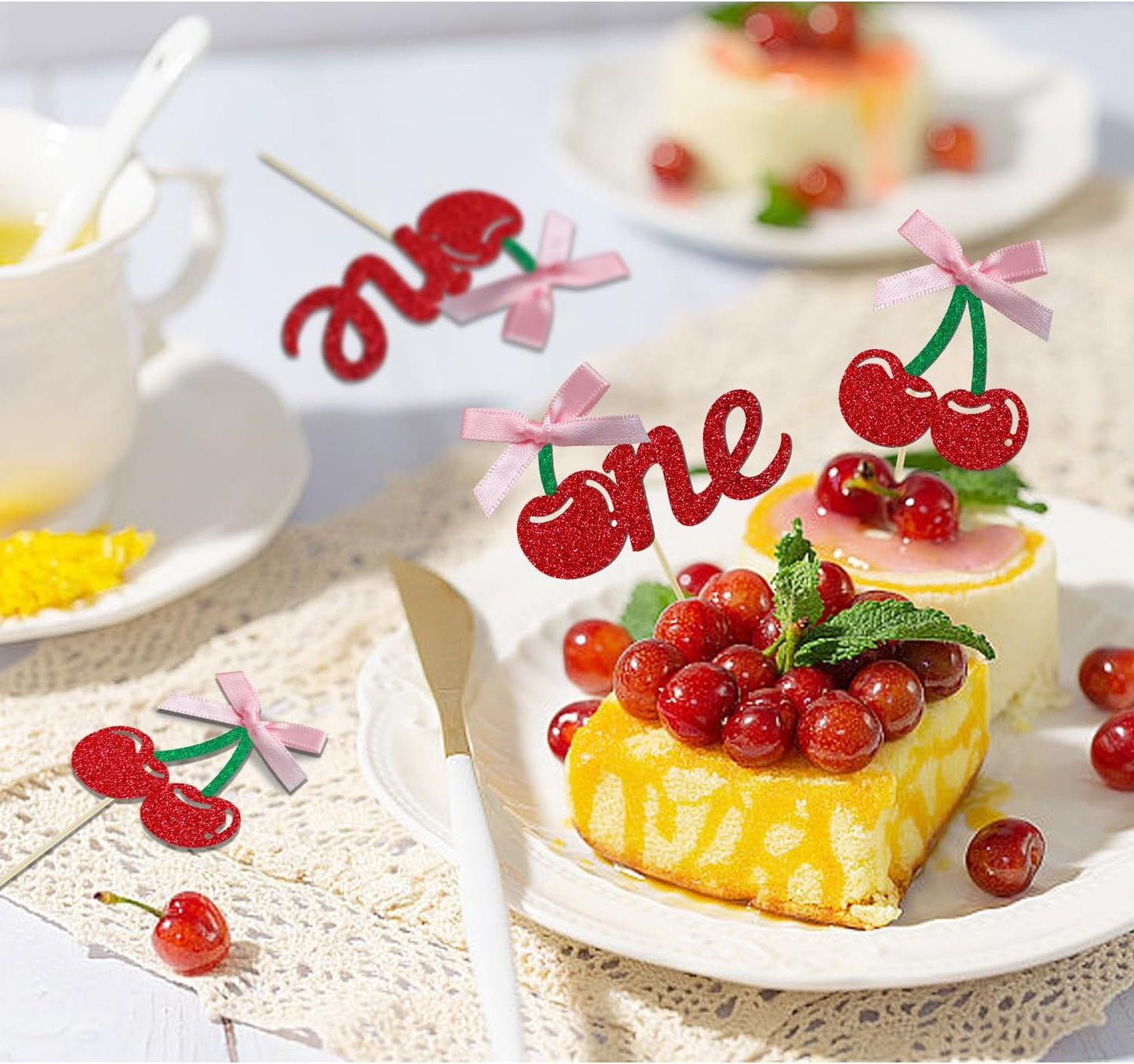 24 Pack Cherry 1st Birthday Cupcake Toppers, Glitter Cherry First Birthday Cake Pick for Fruits Theme One Birthday Party Cake Decorations Supplies (Ribbon One)