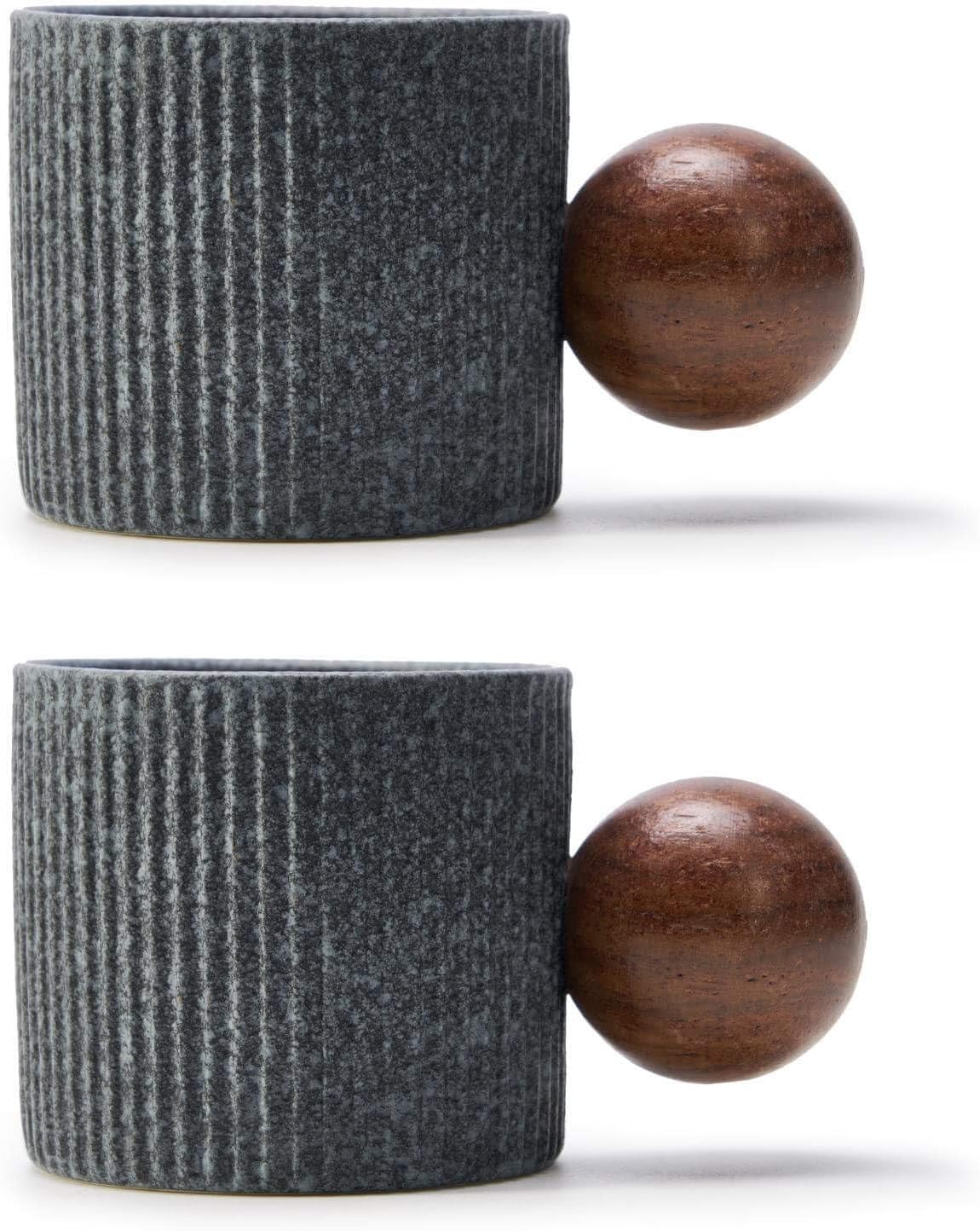 Ceramic Mini Espresso Cups Demitasse Cups with Round Wooden Handle Vertical Stripes Tea Cups (gray, 2pcs)