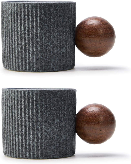 Ceramic Mini Espresso Cups Demitasse Cups with Round Wooden Handle Vertical Stripes Tea Cups (gray, 2pcs)