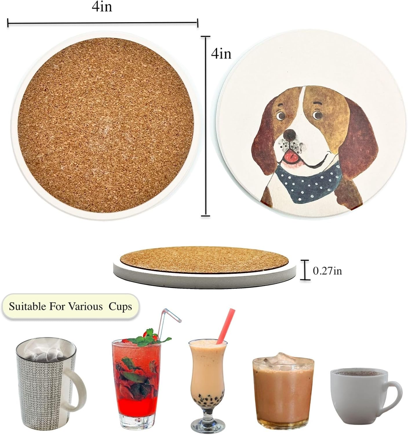 Cute Coasters for Desk Dog Themed Absorbent Ceramic Cup Coasters for Tabletop Protection, Ideal for Various Size Cups Outdoor or Indoor