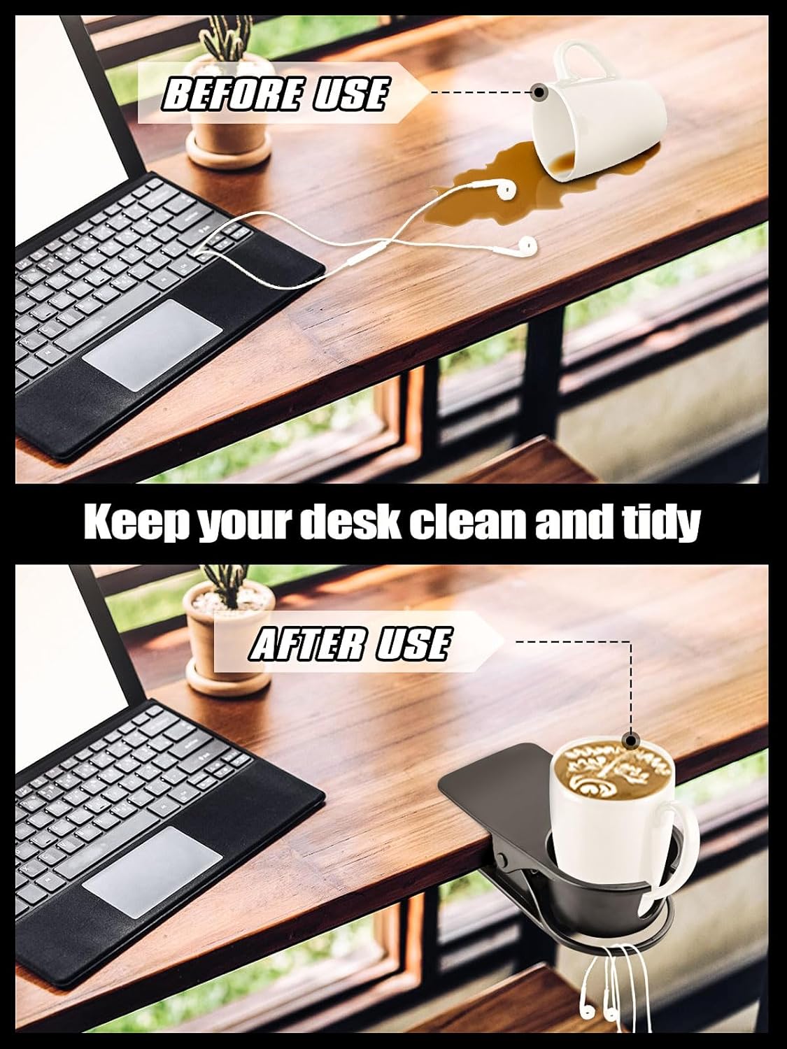 2PCS Drinking Cup Holder Clips, Kalolary Table Edge Cup Holder Clip Water Coffee Mug Holder Clip Desk Bottle Cup Stand Clip with Groove for Home & Office & Schoo (Black New)