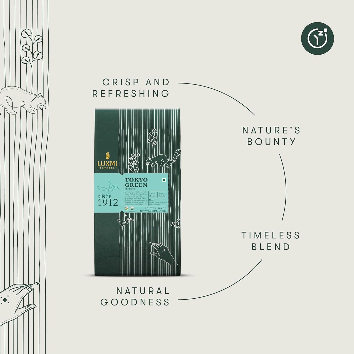 Luxmi Estates Tokyo Green Organic Green Tea (25 Tea Bags) Tea Bags For Relaxing, Calming, and Stress Relief, With Certified Organic Darjeeling Makaibari Green Tea