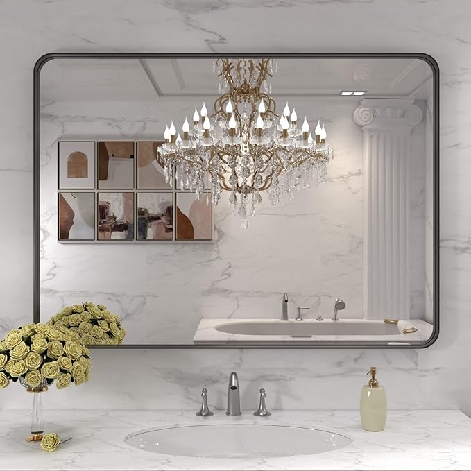 LOAAO 40X32 Inch Black Metal Framed Bathroom Mirror - Image 7