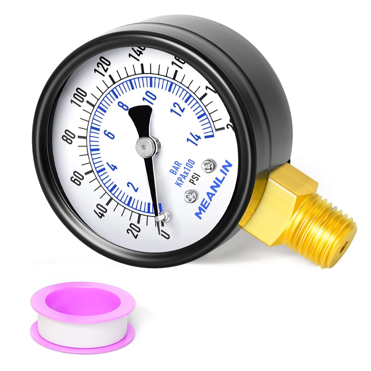 MEANLIN MEASURE 0-200Psi Well Pump Pressure Gauge 1/4" NPT 2" FACE DIAL for Air Compressor Air Regulator Water Filter Lower Mount, with Teflon Tape