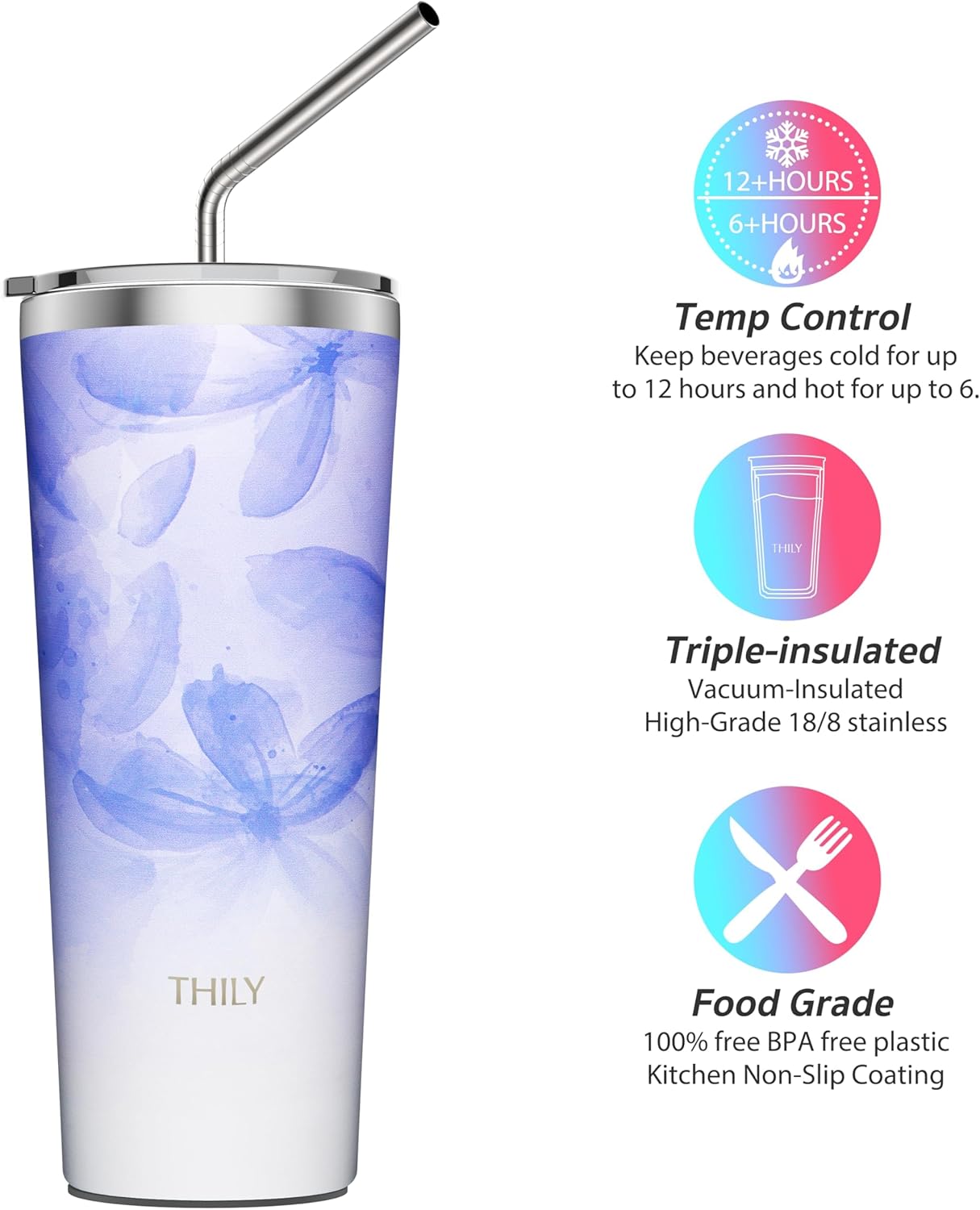 THILY Stainless Steel Vacuum Insulated Tumbler Travel Mug 26 oz Coffee Cup with 2 Lids and Straws, Splash Proof, Keep Ice Drinks Cold, Violet Leaves