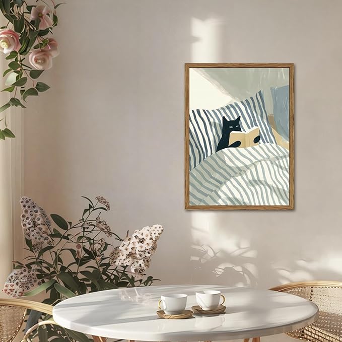 Funny Black Cat Wall Art Painting, Whimsical Cat in Stripe Bed Reading Wall - Image 5