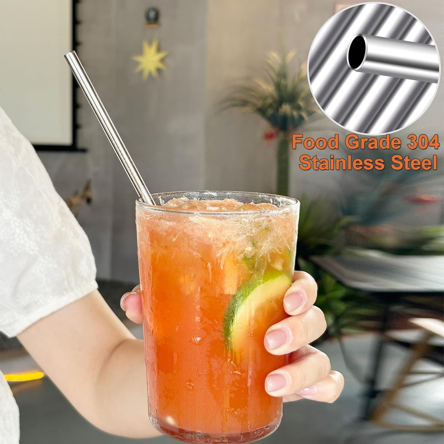 Stainless Steel Straws Metal Reusable Drinking Straw for Juice Iced Coffee Cold Beverage Water Highball Glasses 20oz Tumblers Mugs Cups, 0.24" 6mm Wide 215mm Long, Set of 8 with Brush, Silver