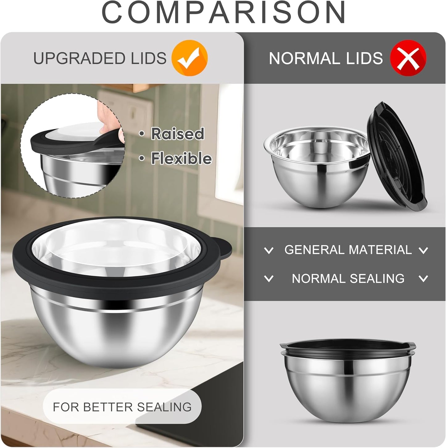 HaWare Mixing Bowls with Airtight Clear Lids, 6-Piece Stainless Steel Strong Nesting Bowls Set, Metal Salad Bowl for Cooking, Prepping, Baking, Serving & Food Storage, Size 4.6, 3, 1.5QT, Black