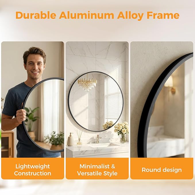 OLIXIS 36 Inch Black Round Bathroom Wall Mirror, Round Bathroom Mirrors - Image 3