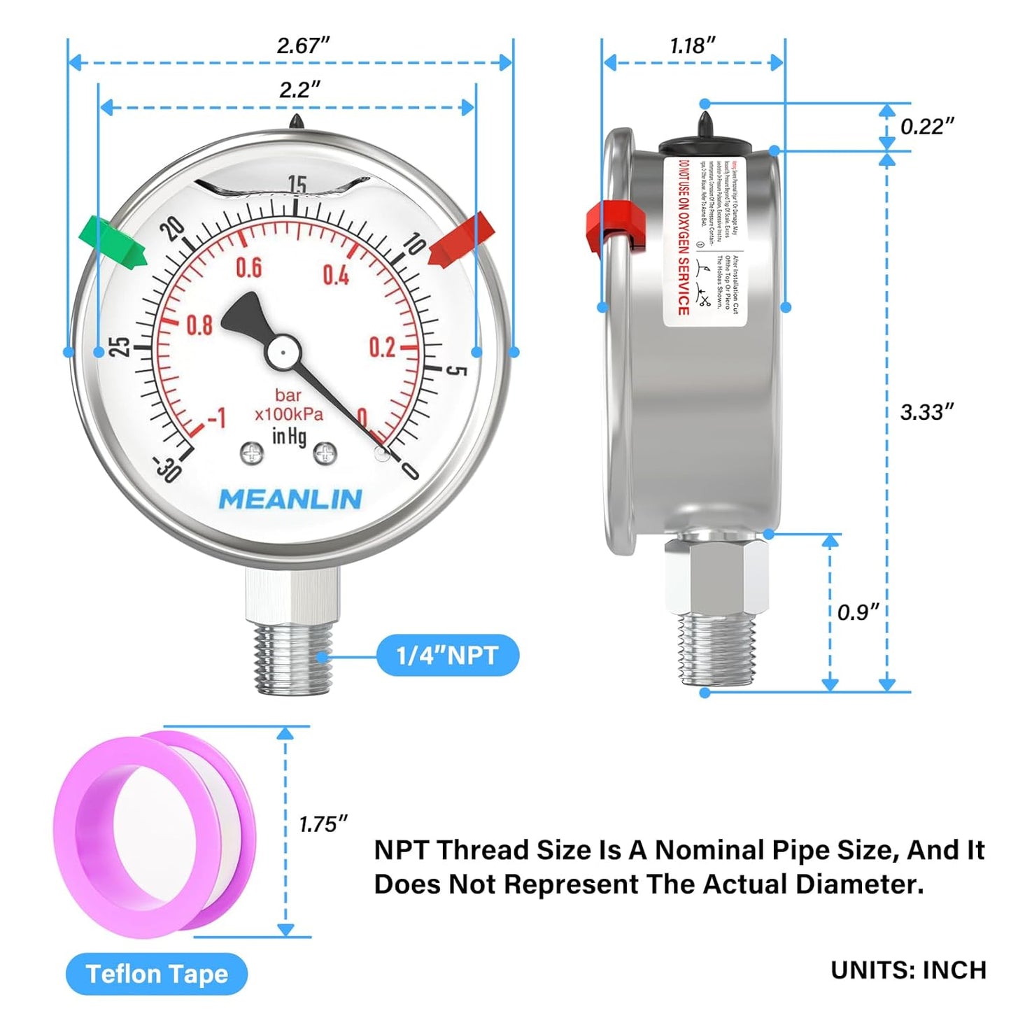 MEANLIN MEASURE -30inHG~0Psi Vacuum Pressure Gauge 316 Stainless Steel Joint 1/4" NPT 2.5" FACE DIAL, Stainless Steel Liquid Filled Pressure Gauge WOG Water Oil Air Lower Mount, 2PCS Snaps