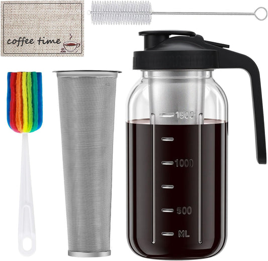 Cold Brew Coffee Maker Pitcher, 64oz Iced Coffee Tea Pitcher for Fridge with Stainless Steel Filter, 1/2 Gallon Glass Mason Jar Cold Brew Maker with Pour Spout Lid, Drying Mat, 2 Brushes, Leak-Proof