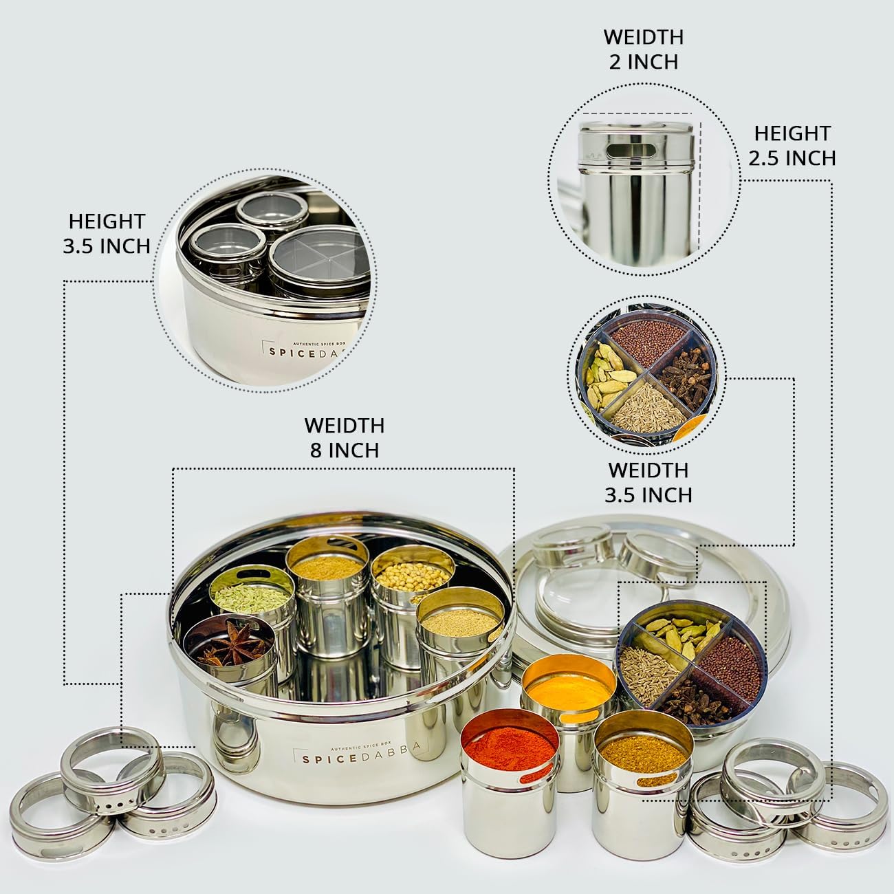 spice dabba Stainless Steel Indian Spice Box, Steel Masala Dabba 12 Spices, Lid Spice Box, Authentic Spices, Masala Box with Individual containers | Size 9 x 9 x 3 IN (Indian Spice Box Only)
