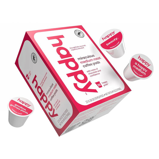 happy coffee medium roast coffee pods, 22 count, notes of chocolate & confidence, compatible with most K-cup brewers, rainforest alliance certified