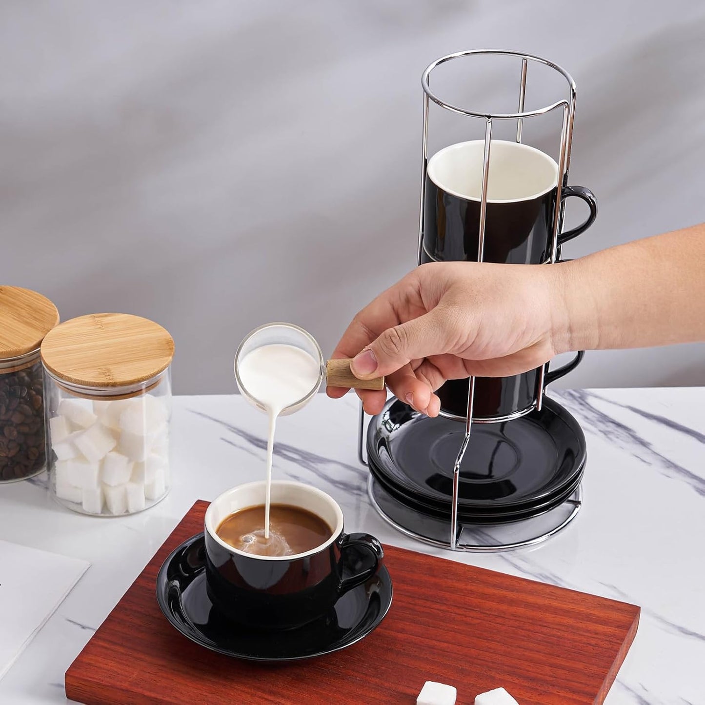 8 Ounce Porcelain Cappuccino Cups with Saucers and Silver Stand, Black Cups Set of 4