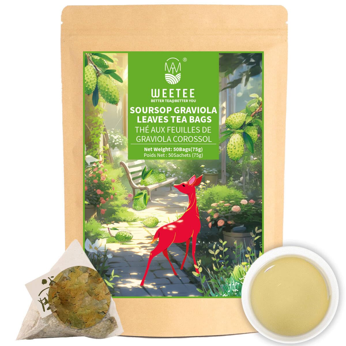 WT WEETEE Soursop Leaves Tea Bags, Made with 100% Pure Soursop Graviola/Guanabana Leaves, Natural Caffeine-free Herbal Tea, 50 Corn Fiber Tea Bags