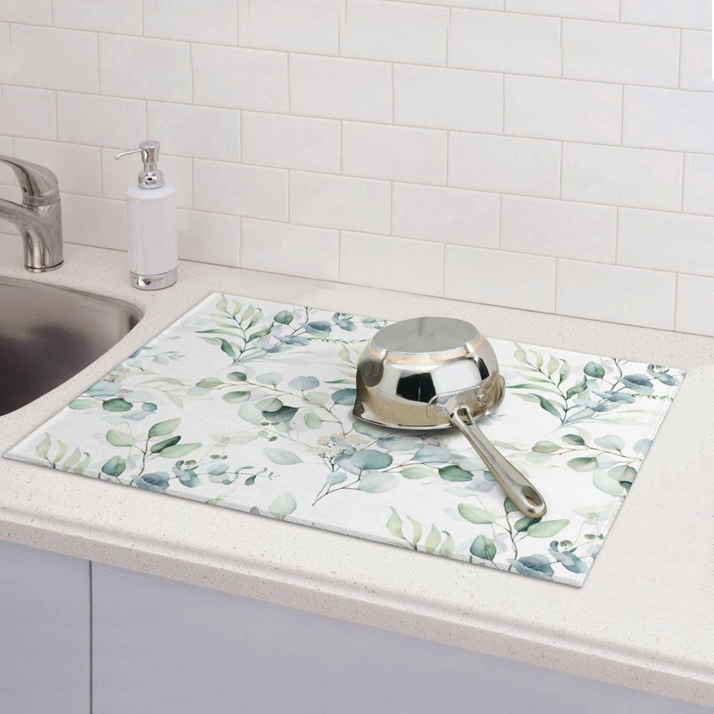 Sage Green Leaves Dish Drying Mat 18x24 inch for Kitchen Counter Watercolor Herbs Plant Kitchen Drying Mats Dishes Pad Absorbent Fast Dry Dish Draining Mats Large Kitchen Accessories