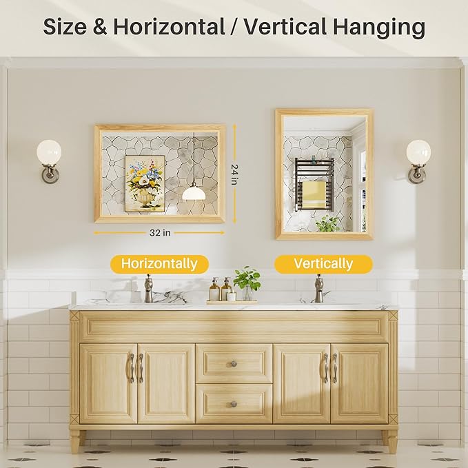 24x32 Inch Bathroom Mirror for Wall, Anti-Rust Oak Wood Grain Metal Framed - Image 7
