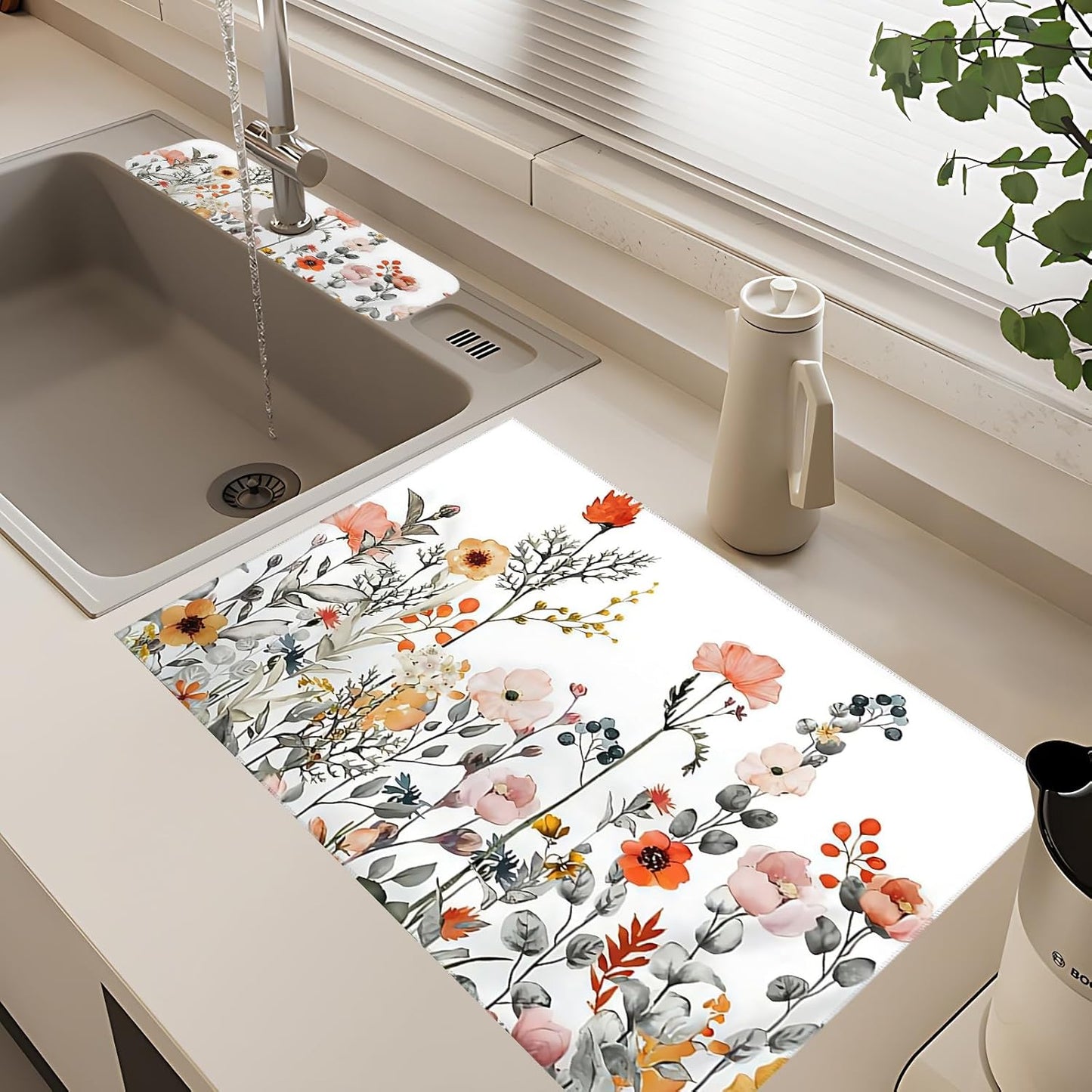 2Pcs Dish Drying Mats Faucet Mats Sets Large Size Coffee Mats Sink Faucet Mat Splash Guard for Kitchen Counter Bathroom Sink Coffee Bar Kitchen Decor (Colorful Wildflowers, 18"x24" 15" x 5.5"Set)