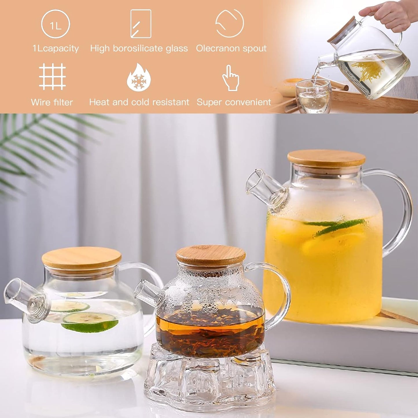 Glass Teapot 34oz/1000ml, Stovetop & Microwave Safe Borosilicate Tea Pot,Clear Teapot with Strainer, Glass Tea Kettle with Wooden Lid for Loose Leaf、Fruit Tea and Fragrant Tea